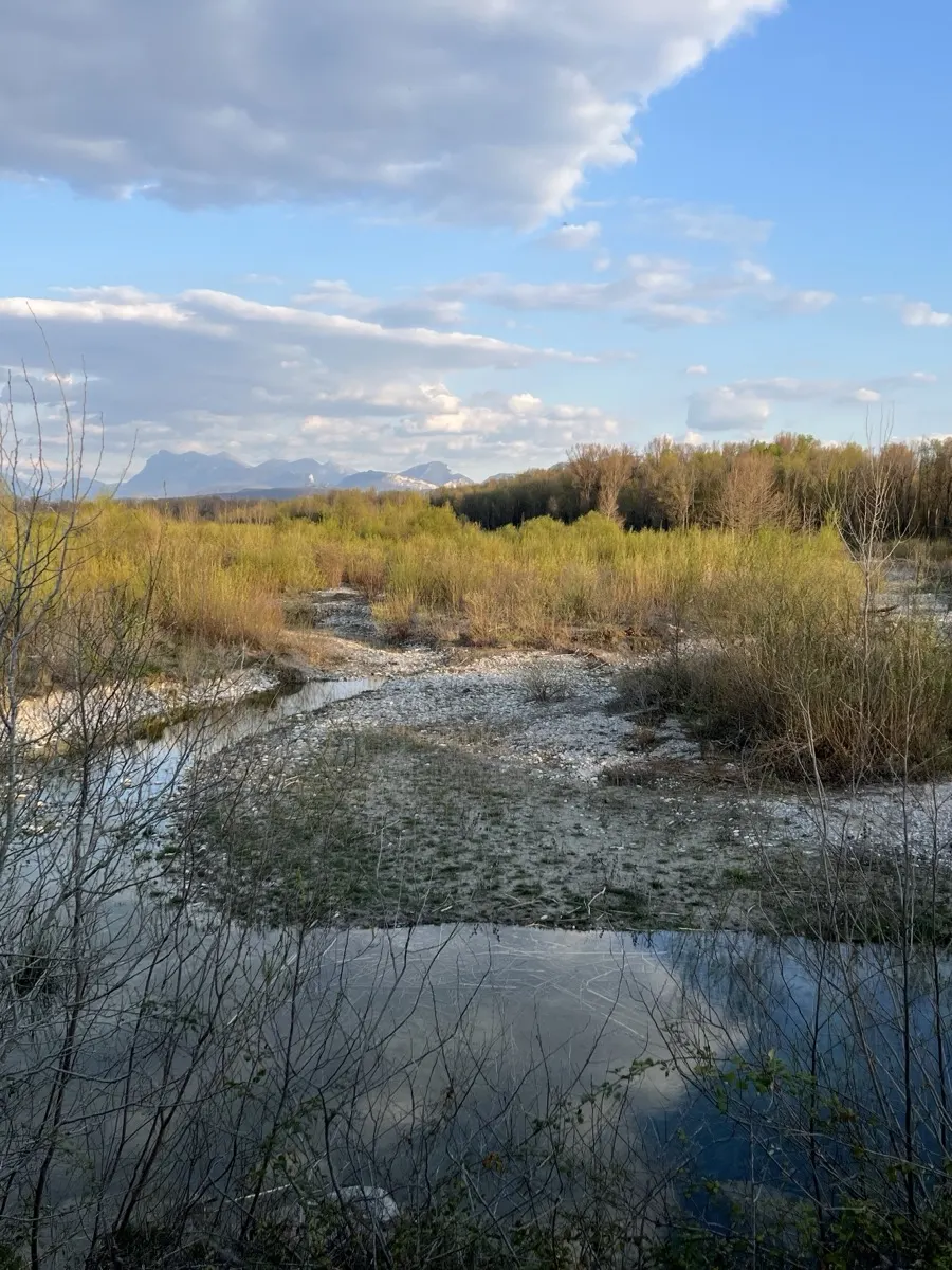 Rivière Drôme — le lit de galets de la Drôme aux Ramières, le Vercors au loin