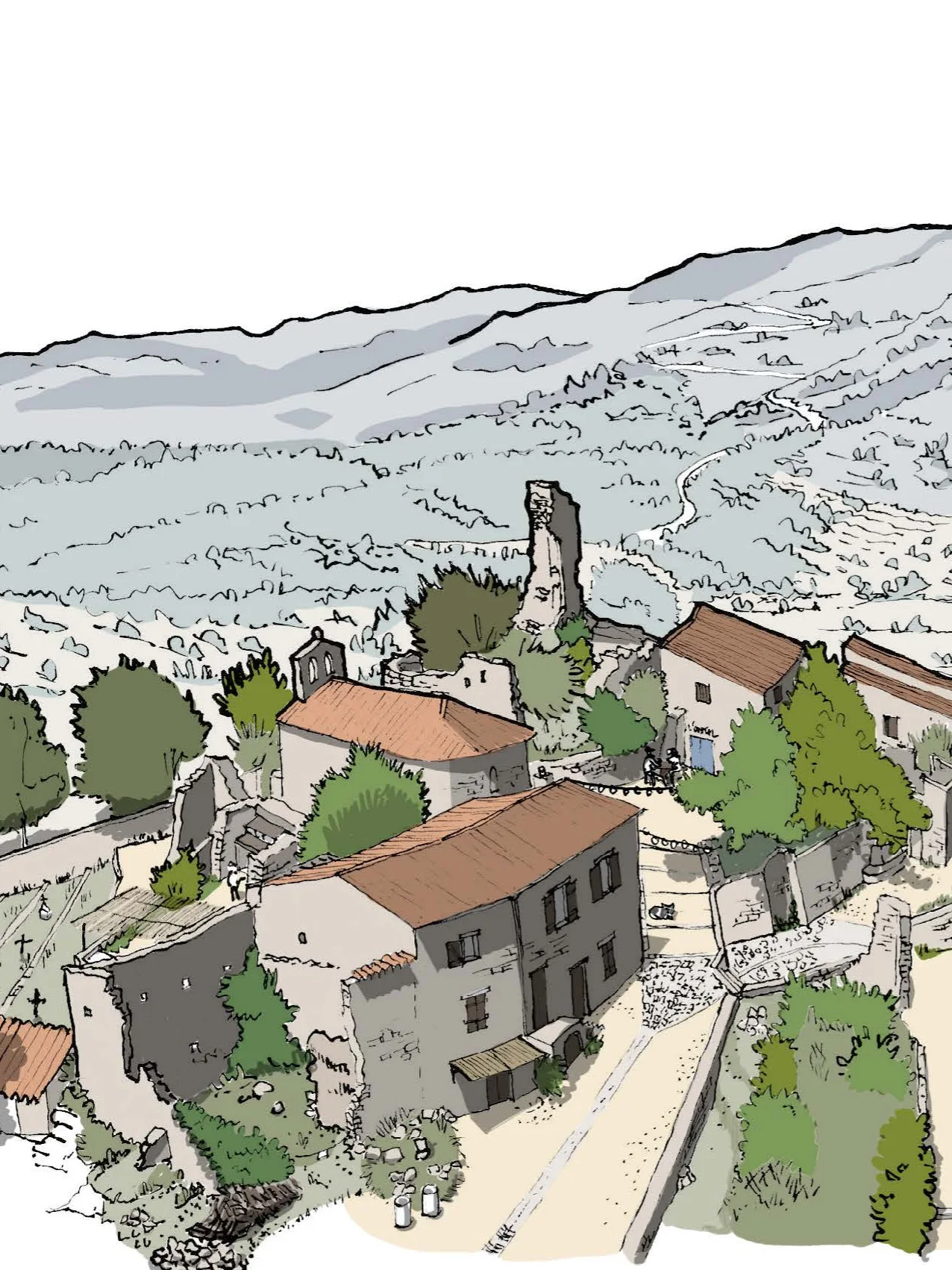 Candidature résidence d’architecture en Lozère — illustration du village de Périllos